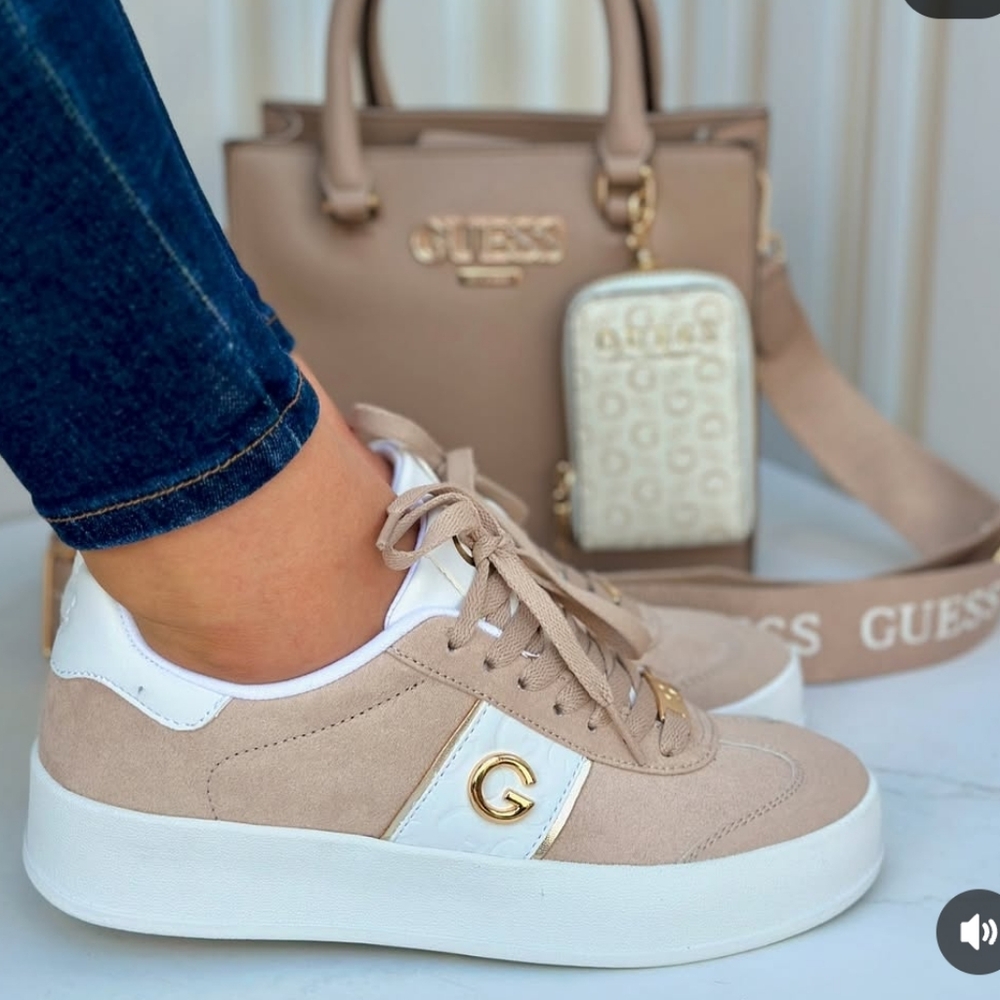 G by Guess | Women's Faux-suade Beige and White Sneakers